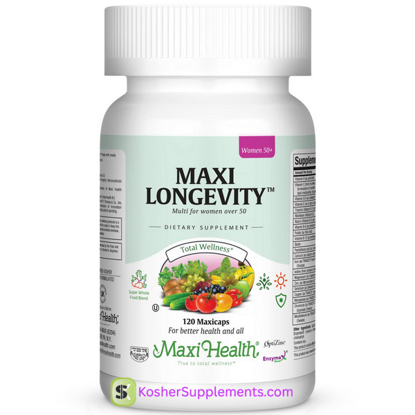 Maxi Health Maxi Longevity Women 50+ supplement bottle, kosher health and kosher nutrition support for healthy aging and vitality