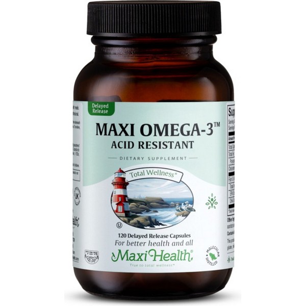 Maxi Health Maxi Omega 3 Acid Resistant 120 Delayed Release Capsules - Kosher Omega 3 Fish Oil Supplement
