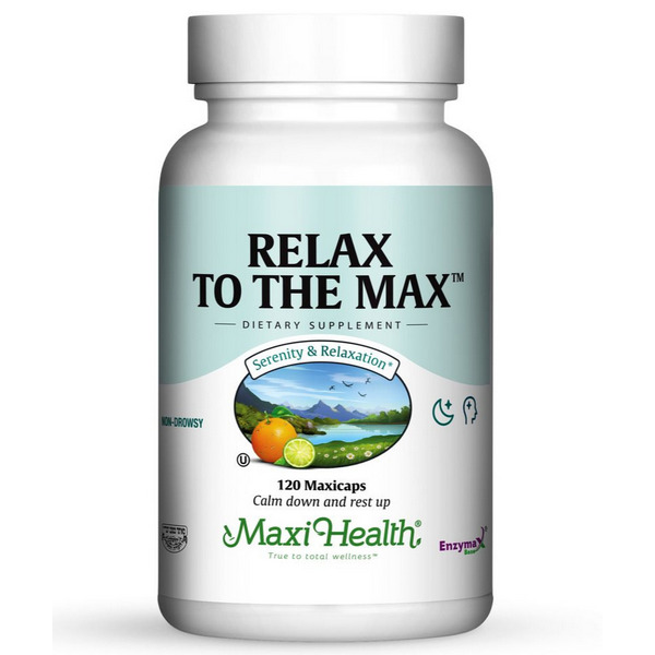 Maxi Health Relax to the Max 120 capsules bottle – large size natural stress relief supplement