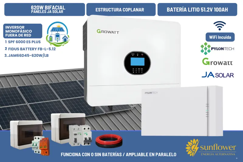 Kit Solar Residencial 6 kW con Batería  5,12 kWh y 8 Paneles Bifaciales 