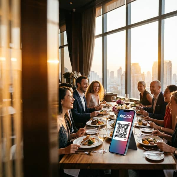 Customer using AroiQR app to order Thai food at restaurant table