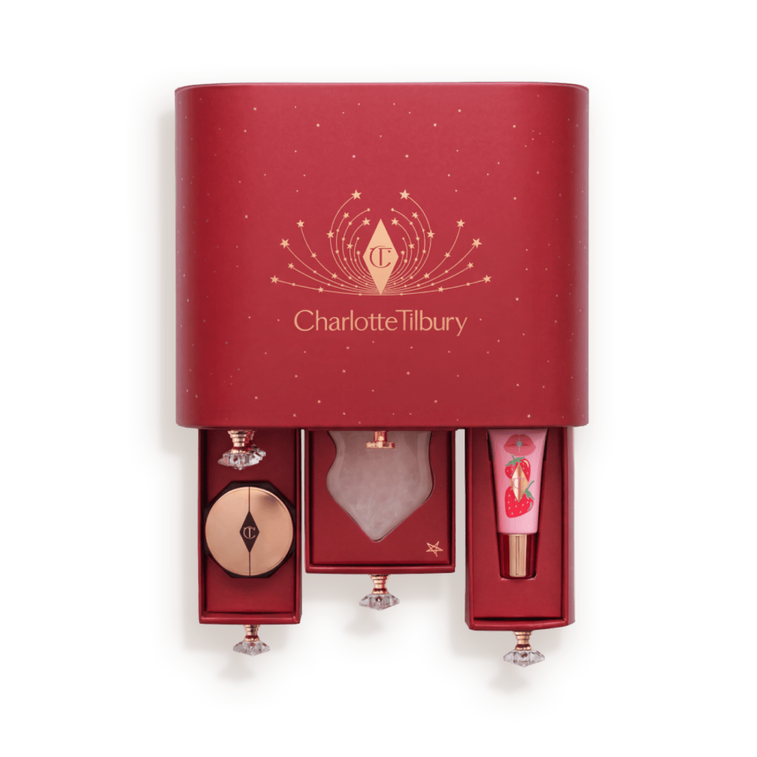 Charlotte Tilbury advent calendar 2026 box, red and gold with stars