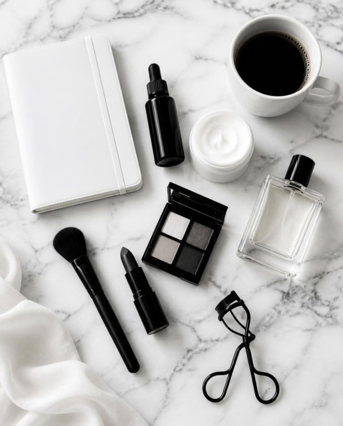 Black, white and grey beauty flat-lay on marble with skincare bottles, perfume, an eyeshadow palette and a cup of coffee