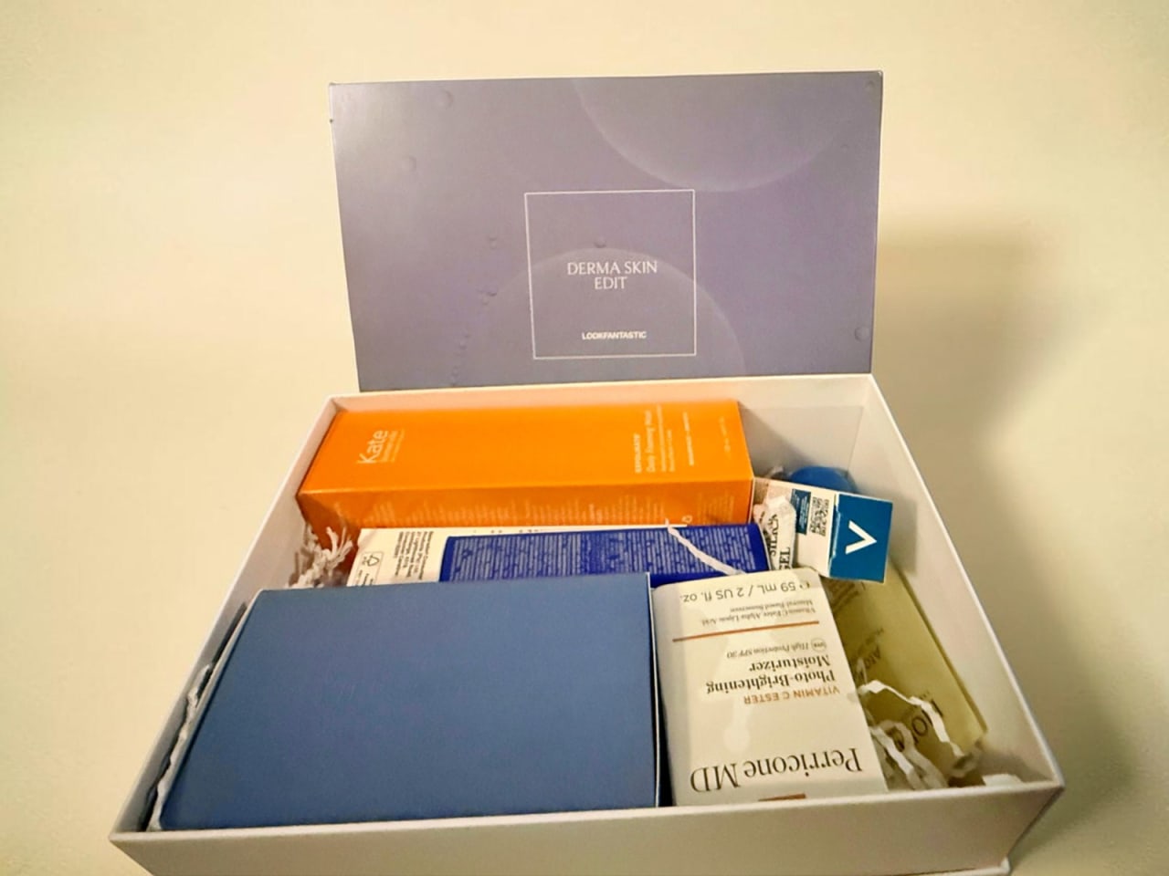 LOOKFANTASTIC Dermatological Edit 2026 Derma Skin Edit box opened to show the products inside