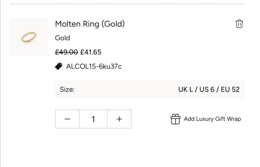 Abbott Lyon discount code ALCOL15-6ku37c applied in the basket, taking the Molten Ring (Gold) from £49.00 to £41.65