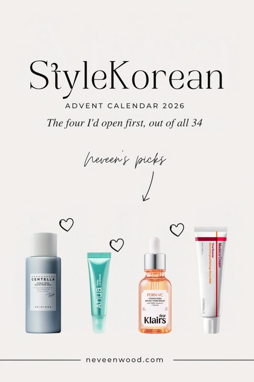 StyleKorean Advent Calendar 2026 picks: SKIN1004 Hyalu-Teca Glass Skin Milk Toner, Anua PDRN Lip Serum, Dear Klairs Vitamin PDRN Bouncy Pore Serum and Centellian24 Madeca Cream Time Reverse