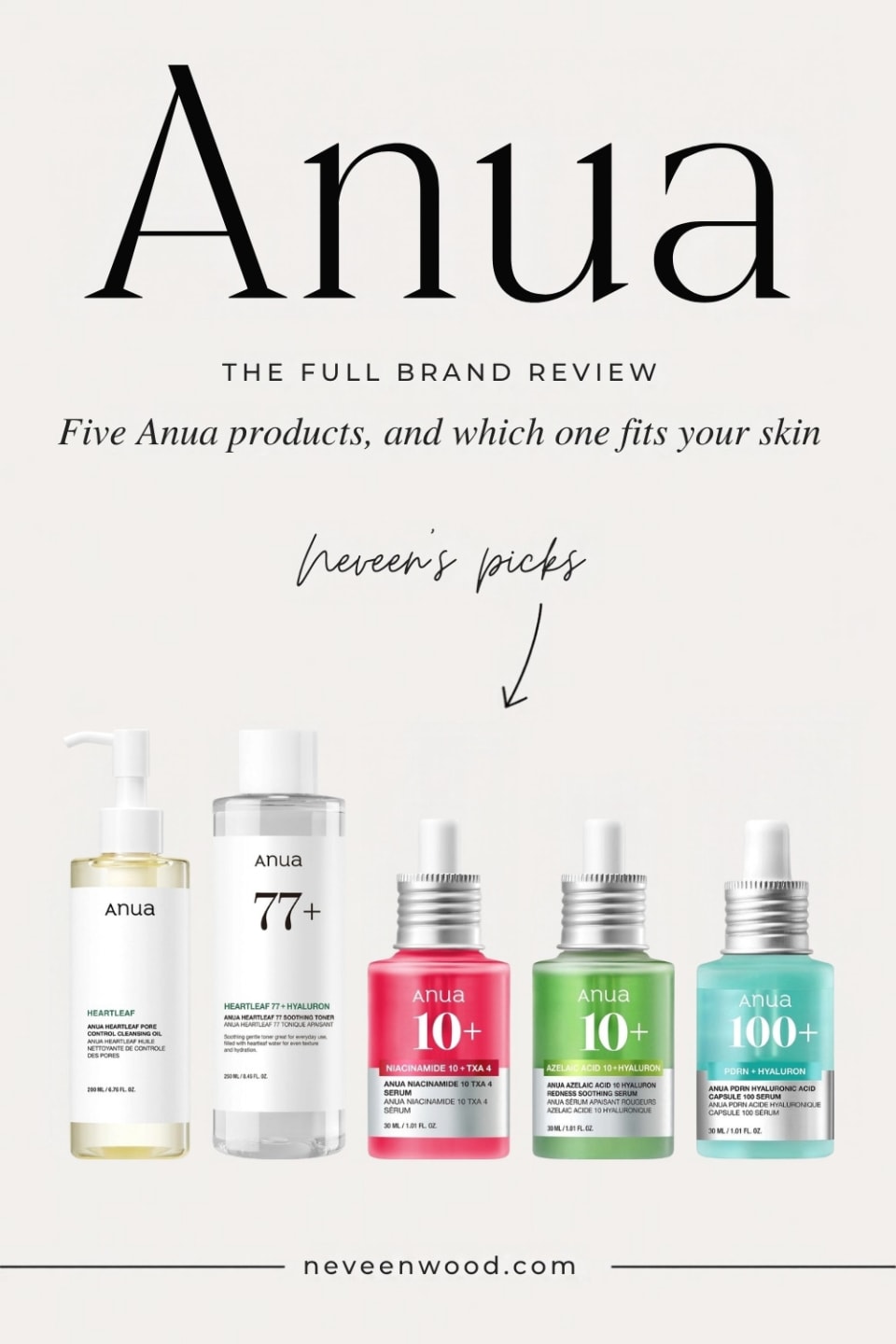 Anua full brand review: the Heartleaf Pore Control Cleansing Oil, Heartleaf 77% Soothing Toner, Niacinamide 10% + TXA 4% Serum, Azelaic Acid 10 Hyaluron Serum and PDRN Hyaluronic Acid Capsule 100 Serum