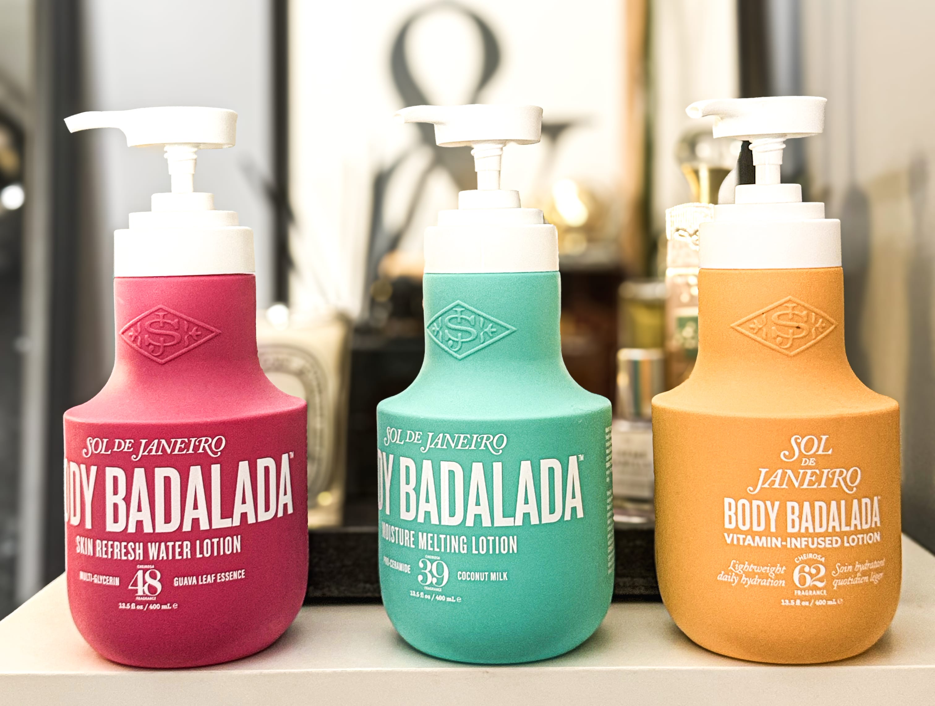 The three Sol de Janeiro Body Badalada lotions lined up
