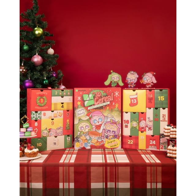 YesStyle Y So Cereal Beauty Advent Calendar 2026 with all 25 drawers on a Christmas table