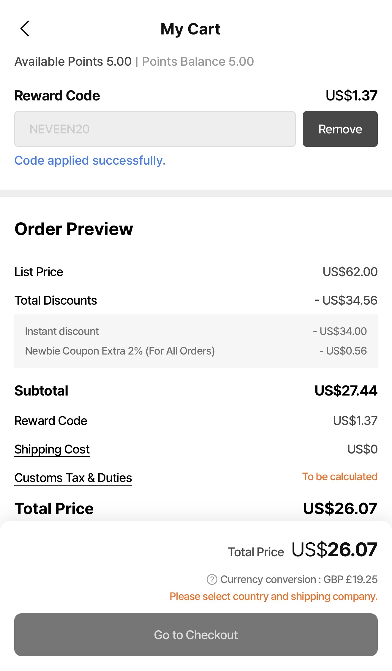 Screenshot showing the NEVEEN20 code entered in the Rewards Code field at StyleKorean checkout