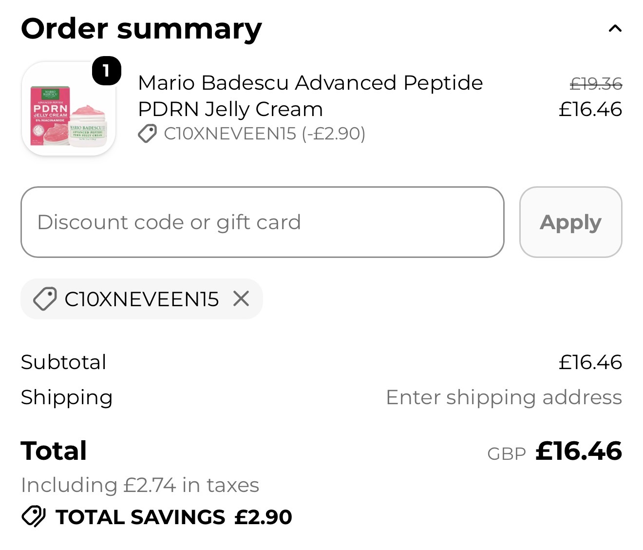 Screenshot showing C10XNEVEEN15 discount code applied at Cloud 10 Beauty checkout, saving 15 percent before payment