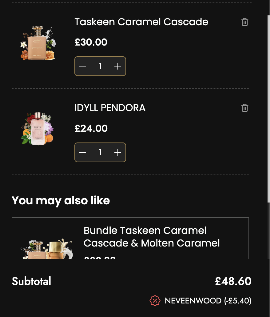 Screenshot showing NEVEENWOOD discount code applied at Aroma Concepts checkout, 10 percent off