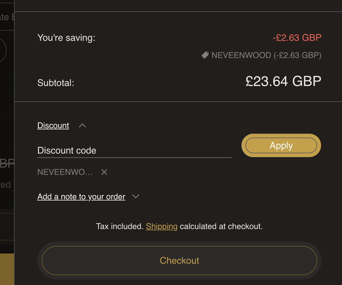 Screenshot showing the NEVEENWOOD discount code applied at the DWY Wigs checkout for 10% off
