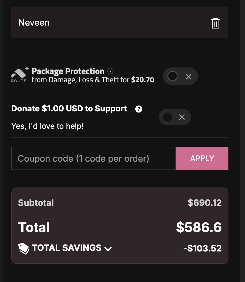Screenshot showing the NEVEEN discount code applied at the Uniwigs checkout for 15% off
