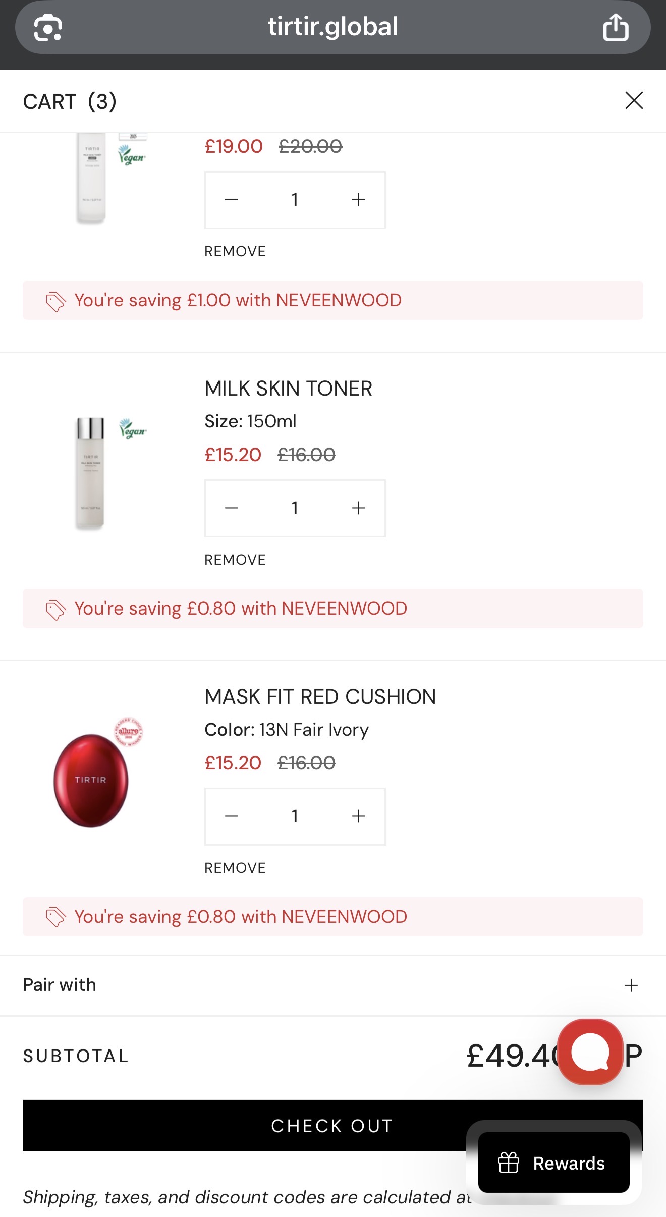 TIRTIR checkout showing discount code NEVEENWOOD applied to Milk Skin Toner Light, Milk Skin Toner and Mask Fit Red Cushion in 13N Fair Ivory, with a total saving of GBP 2.60