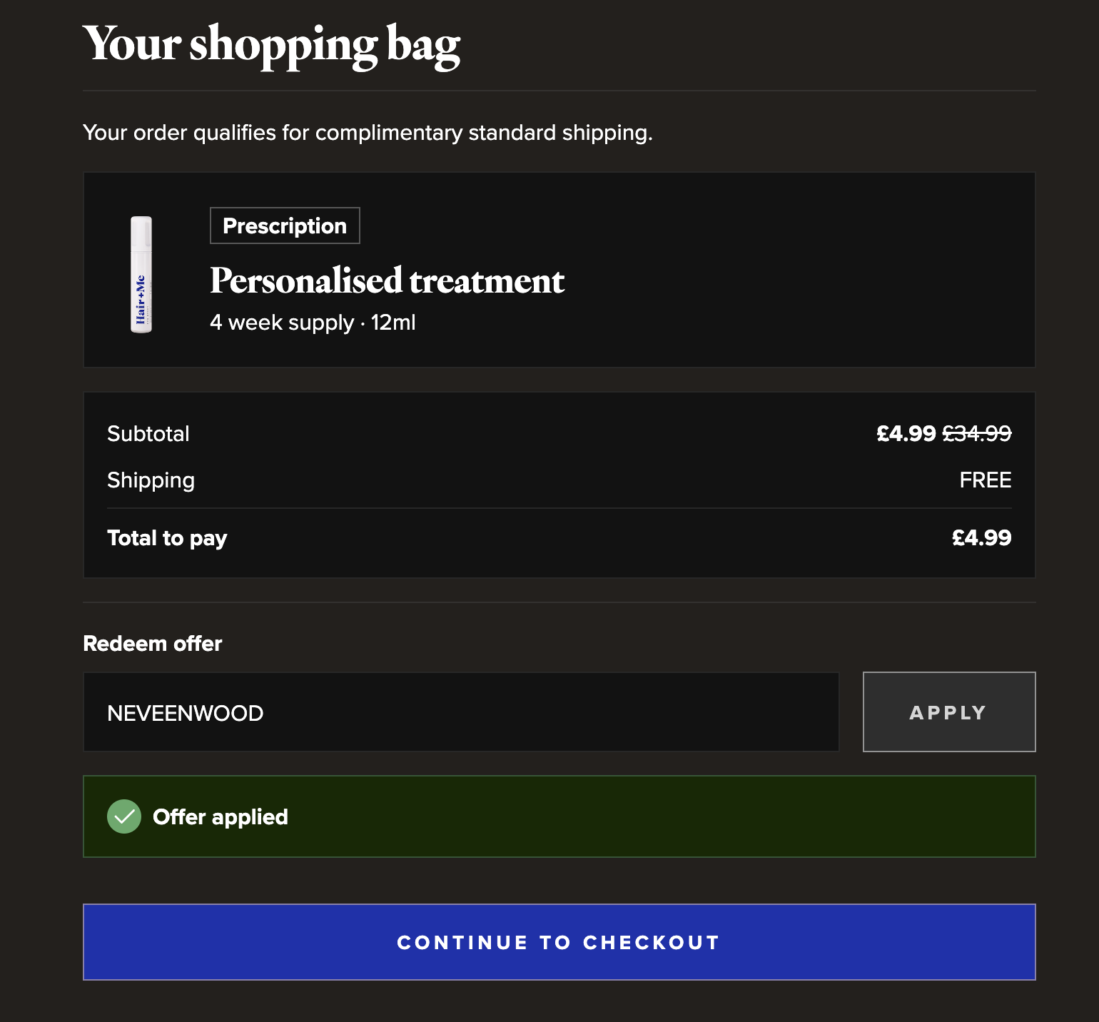 Hair + Me with the discount code NEVEENWOOD applied, showing the discounted first month price of GBP 4.99 instead of the usual GBP 34.99