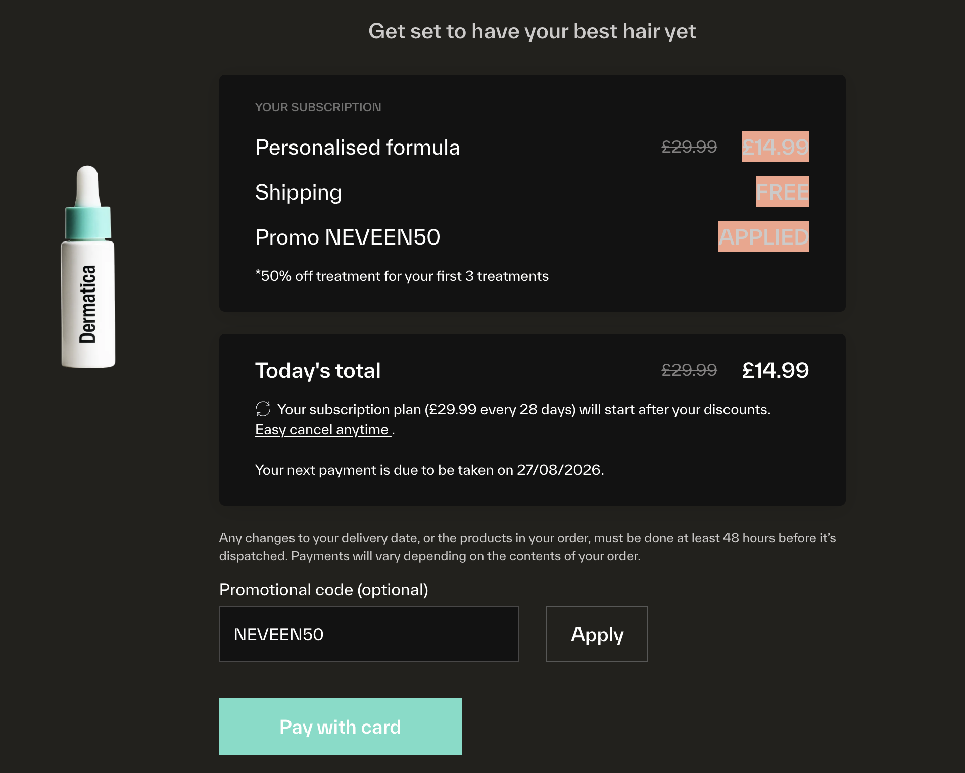 Dermatica hair loss treatment checkout with the discount code NEVEEN50 applied, showing 50% off the first three months of the hair loss subscription