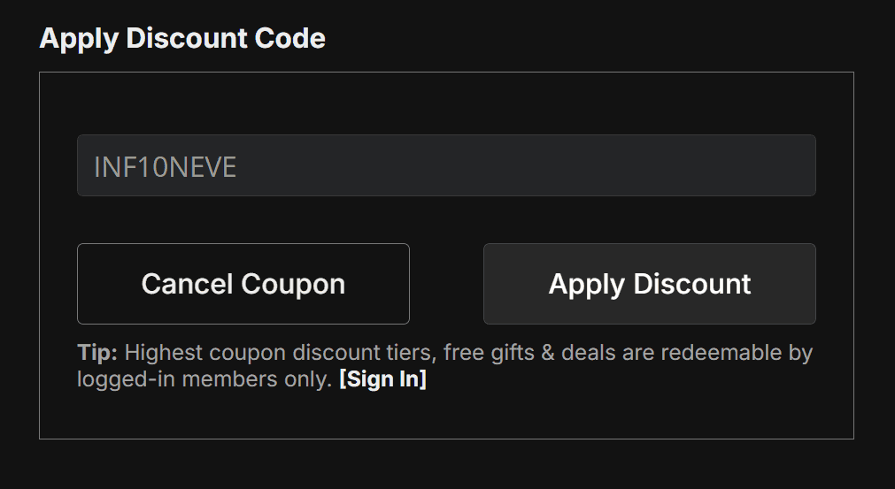 Screenshot showing discount code INF10NEVE applied at Stylevana checkout, confirming the discount has been applied before payment