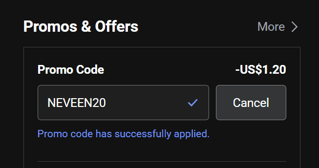 Screenshot showing promo code NEVEEN20 applied at Olive Young Global checkout, confirming the discount has been applied before payment