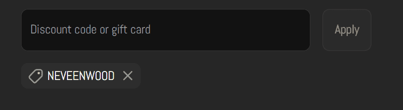 Screenshot showing discount code NEVEENWOOD applied at JBExtension checkout, confirming the discount has been applied before payment