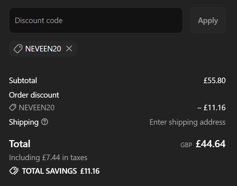 Screenshot showing discount code NEVEEN20 applied at Mon&eacute; Professional checkout, confirming the 20% discount has been applied before payment