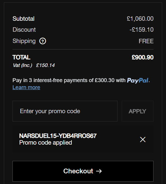 Screenshot proof that NARS discount code NARSDUEL15-YDB4RROS67 works at checkout - tested by Neveen Wood