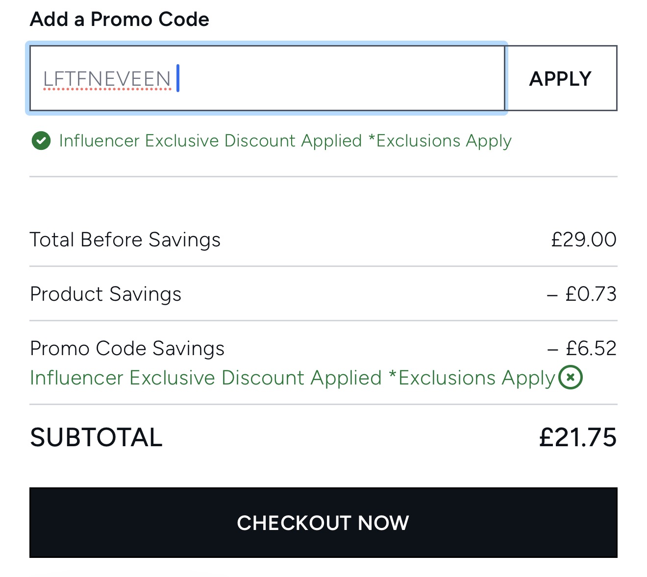 Screenshot showing LFTFNEVEEN discount code applied at LOOKFANTASTIC checkout, confirming the discount was accepted before payment