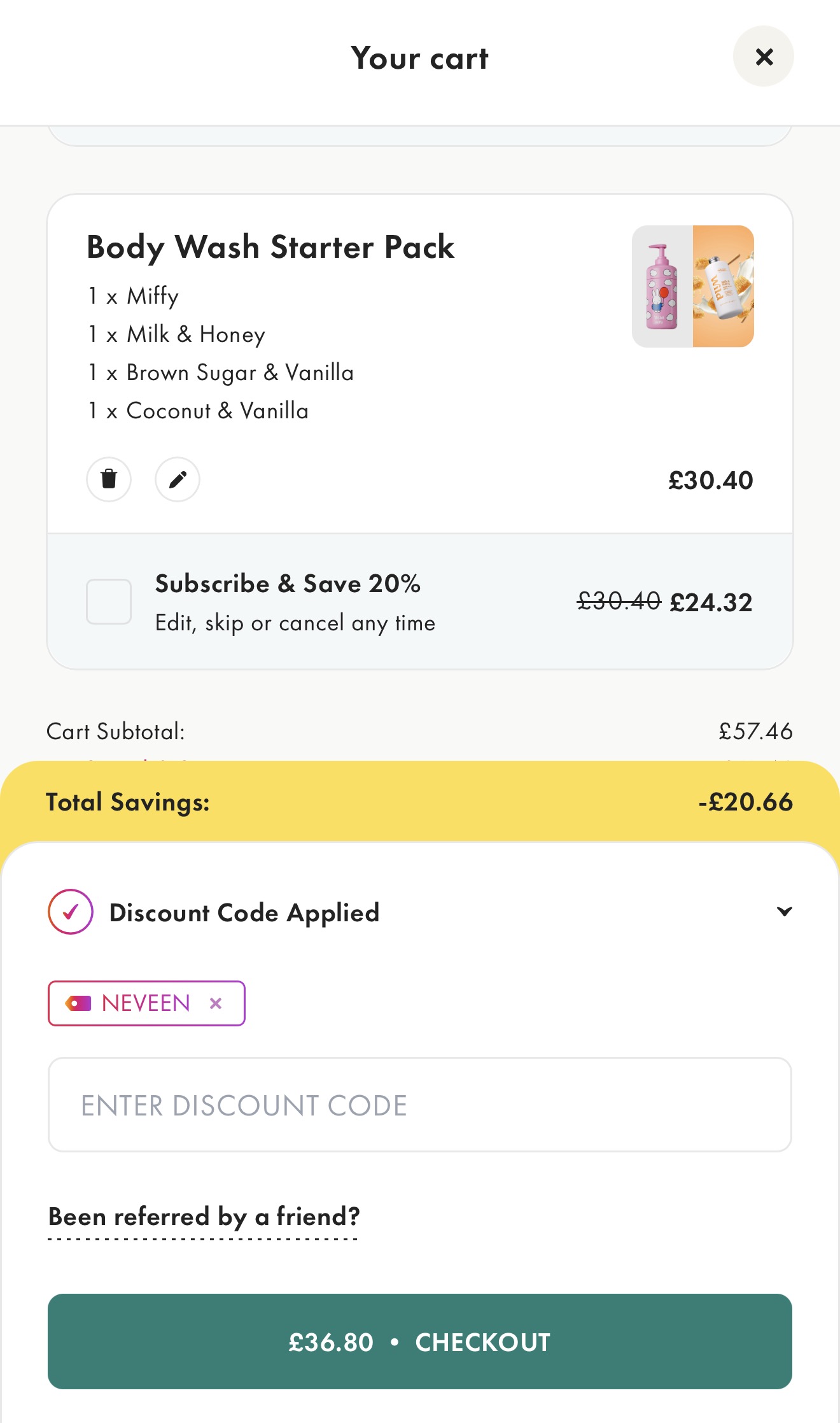 Wild discount code NEVEEN applied at the wearewild.com checkout, showing the 20% discount coming off the order