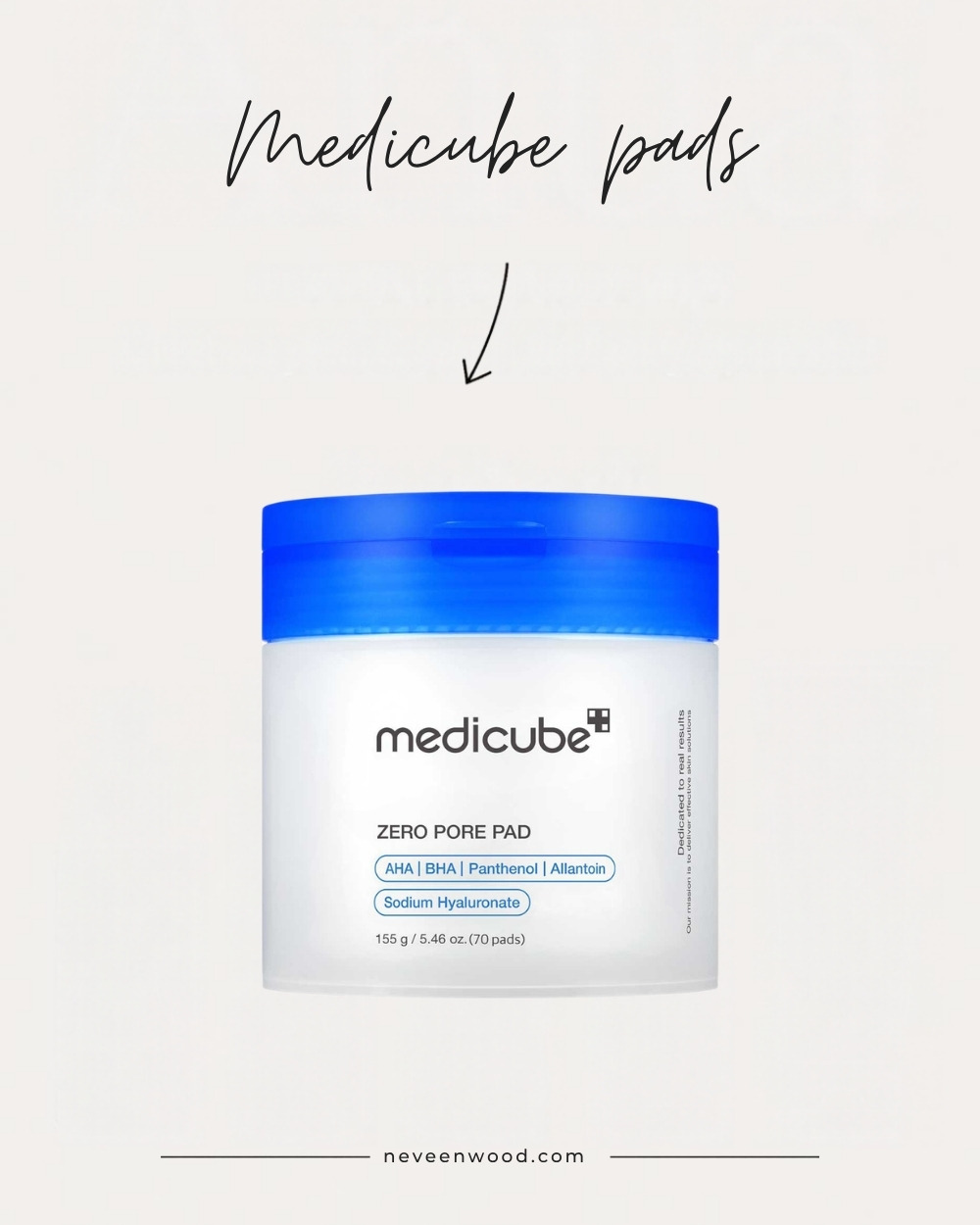 Medicube Zero Pore Pad 2.0 tub of 70 pads with the product name and a hand-drawn arrow