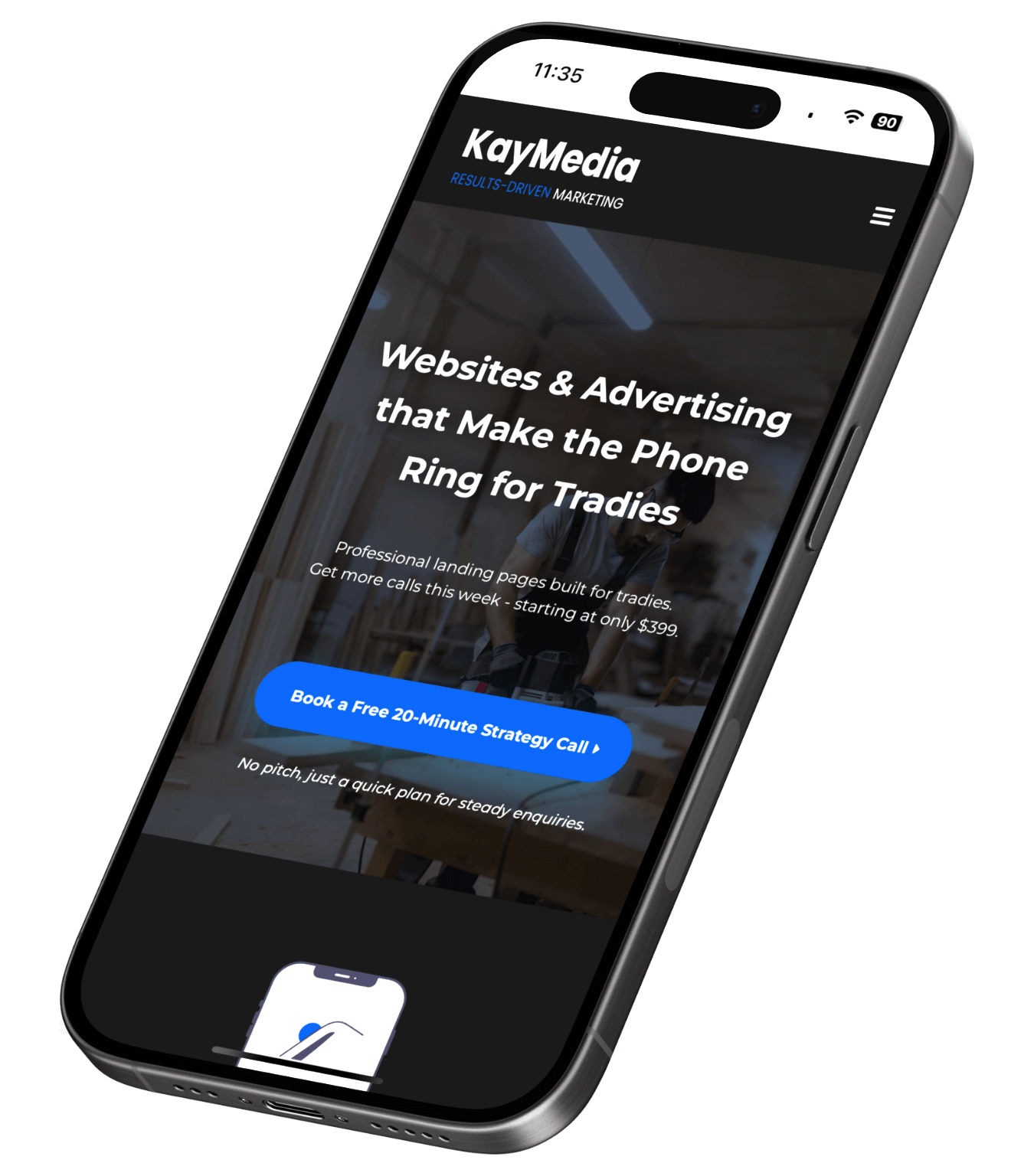 KayMedia tradie website shown on a phone to illustrate mobile-first design.