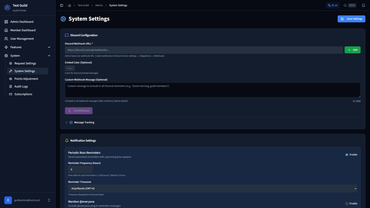 System Settings - Discord Webhook and Notification Configuration