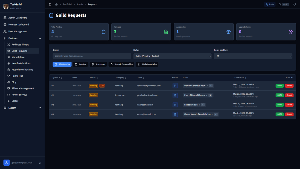 Request queue interface showing item requests with status tracking
