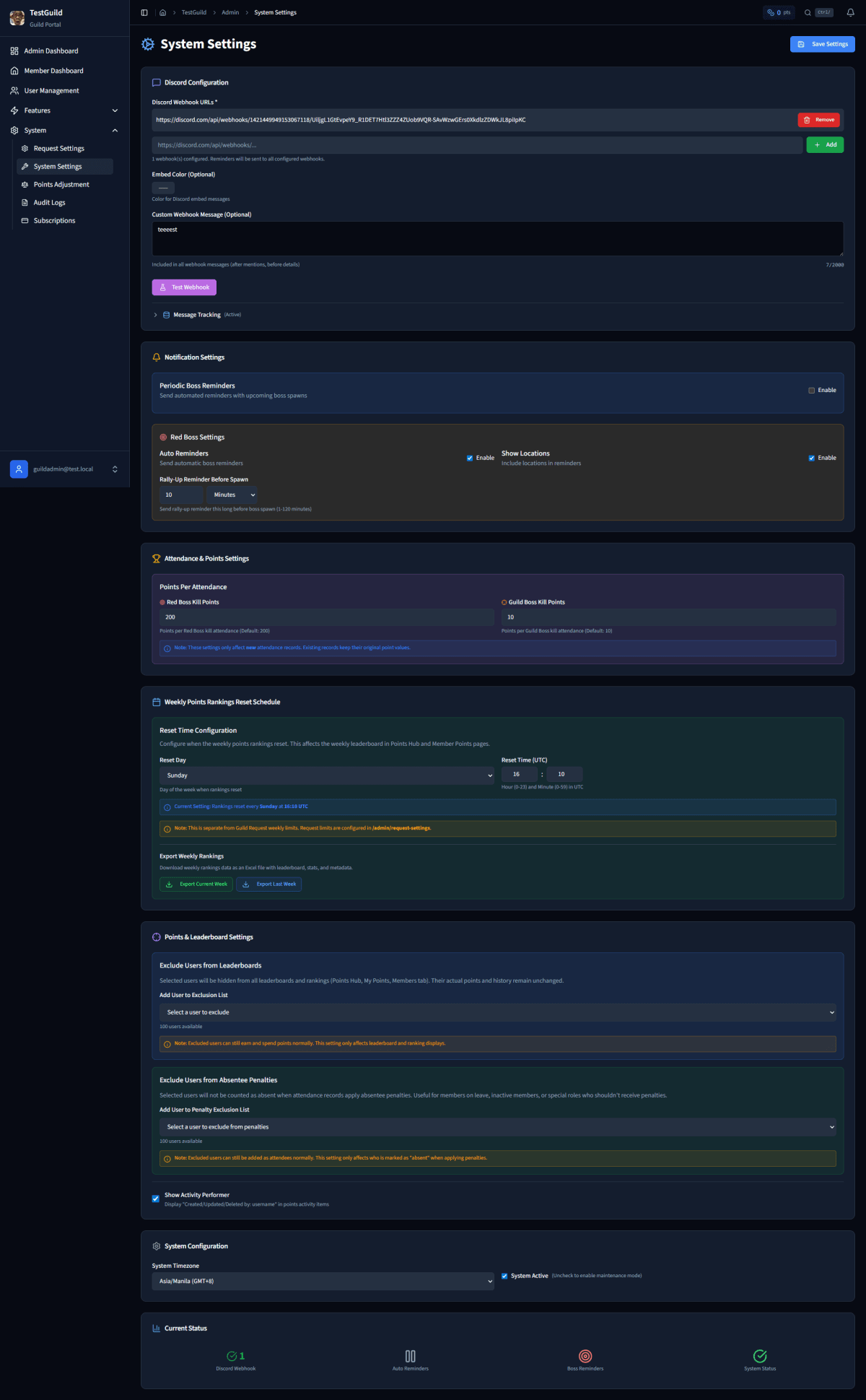 Guild settings panel showing timezone configuration and reminder scheduling options