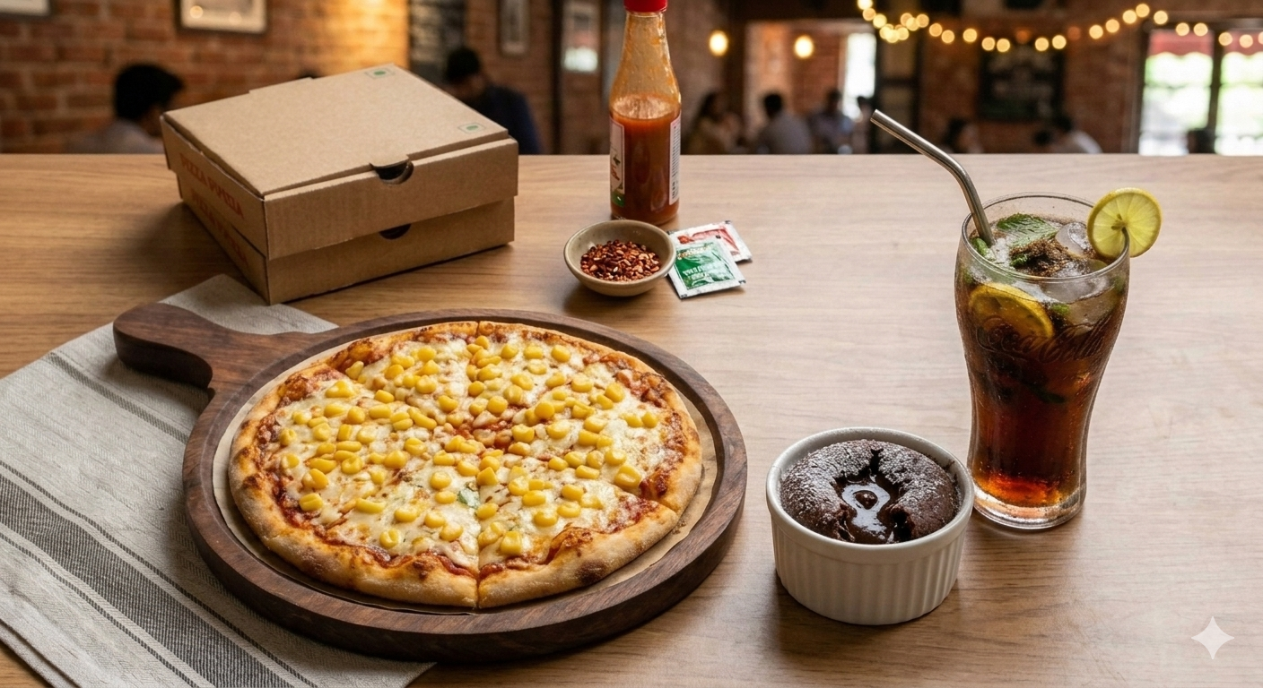 Small Corn Pizza + Choco Lava Cake + Masala Coke