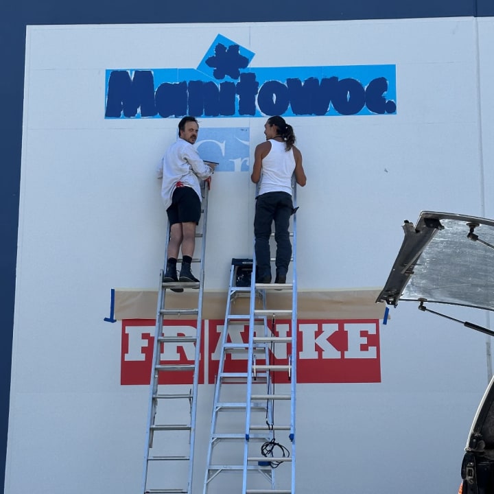 Manitowoc Franke Building Sign Lettering Installation, custom signage project in the San Francisco Bay Area.