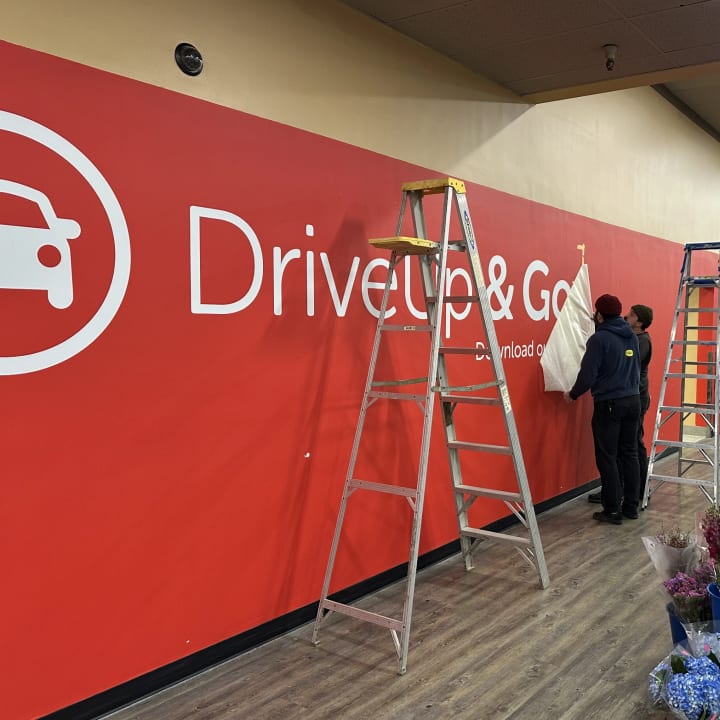 Drive Up And Go Wall Mural Vinyl Graphic Installation, custom signage project in the San Francisco Bay Area.