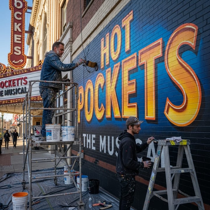 Reference image of two painters adding large mural lettering to a brick facade