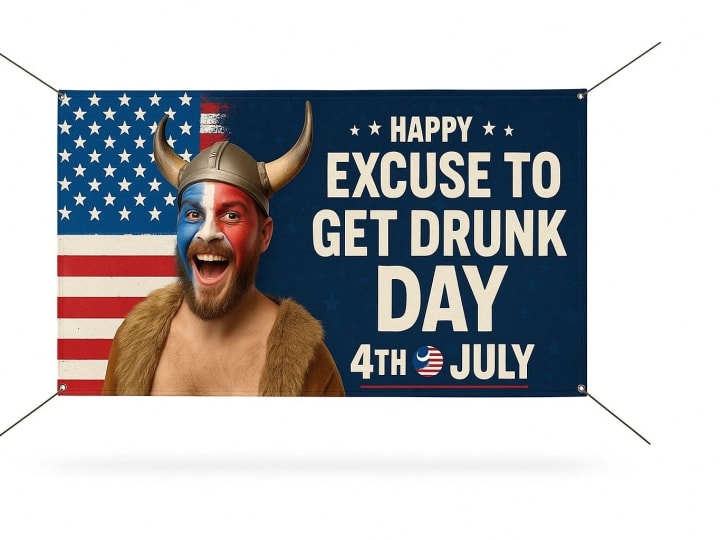 Humorous concept banner with a costumed figure, flag background, and Fourth of July headline