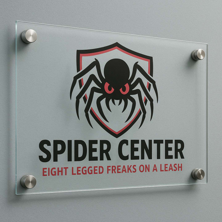 Concept image of a clear acrylic sign with a spider logo and metal standoffs
