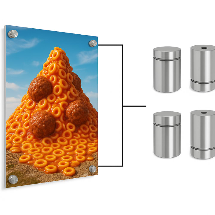 Concept image showing an acrylic graphic panel and cylindrical standoff hardware