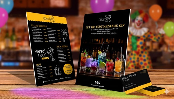 Concept image of two tabletop cocktail menus and coordinating cards
