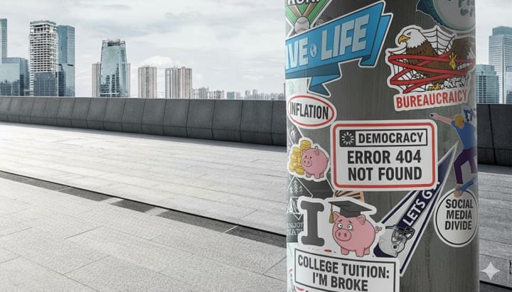Reference image of assorted stickers covering a round outdoor column
