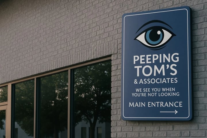 Concept image of a dark blue entrance sign panel mounted on a brick wall
