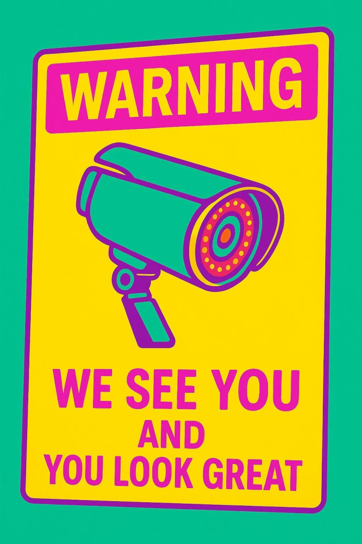 Concept graphic of a bright surveillance warning sign with a camera illustration