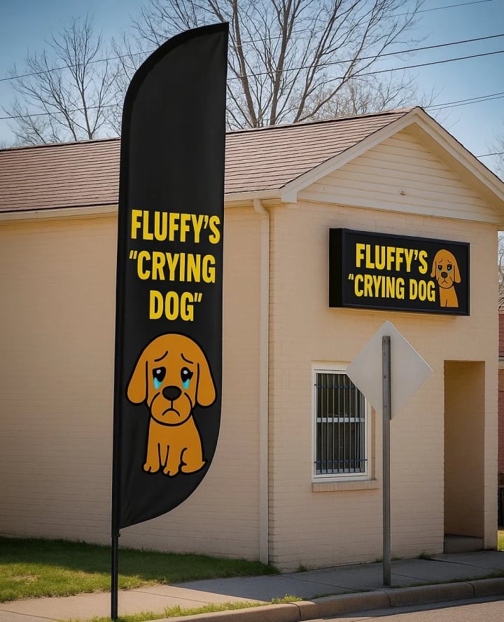 Reference image of two black feather banners outside a small commercial building