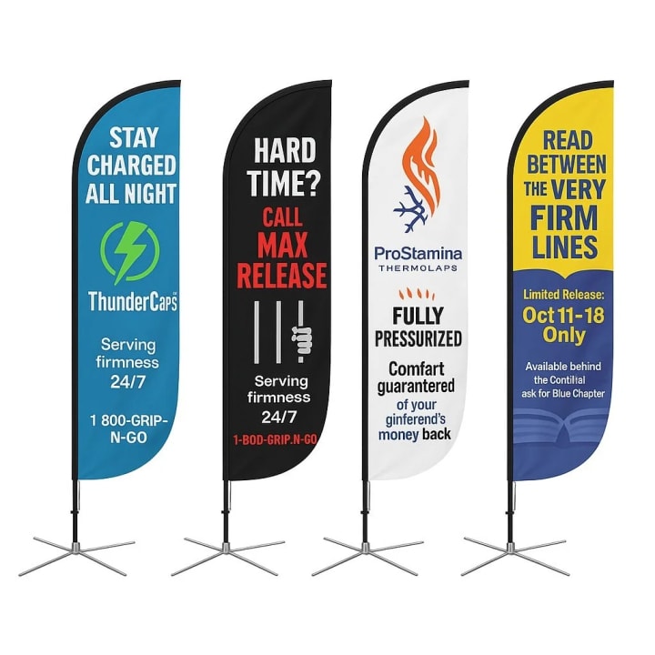 Reference image of four tall feather banner designs displayed with cross bases