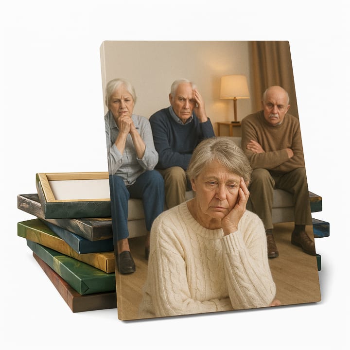 Concept image of a portrait canvas standing in front of several stacked canvas frames