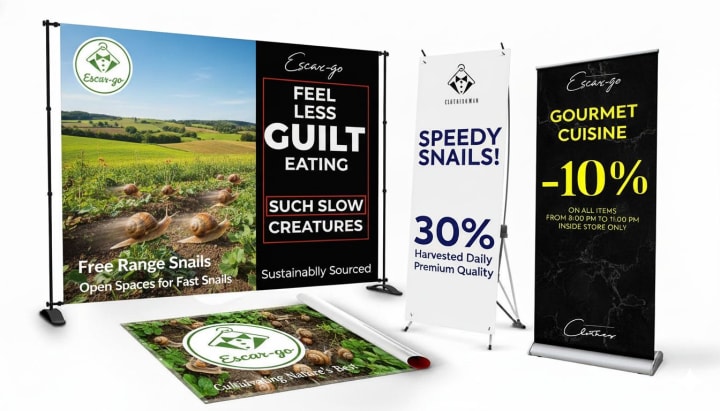 Concept display showing several freestanding and floor banner formats for retail promotions