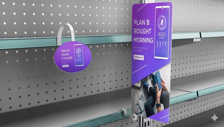 Concept image of printed shelf and hanging graphics in a store