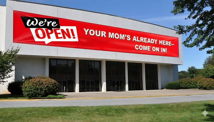 Concept image of a large red We’re Open banner across a building facade